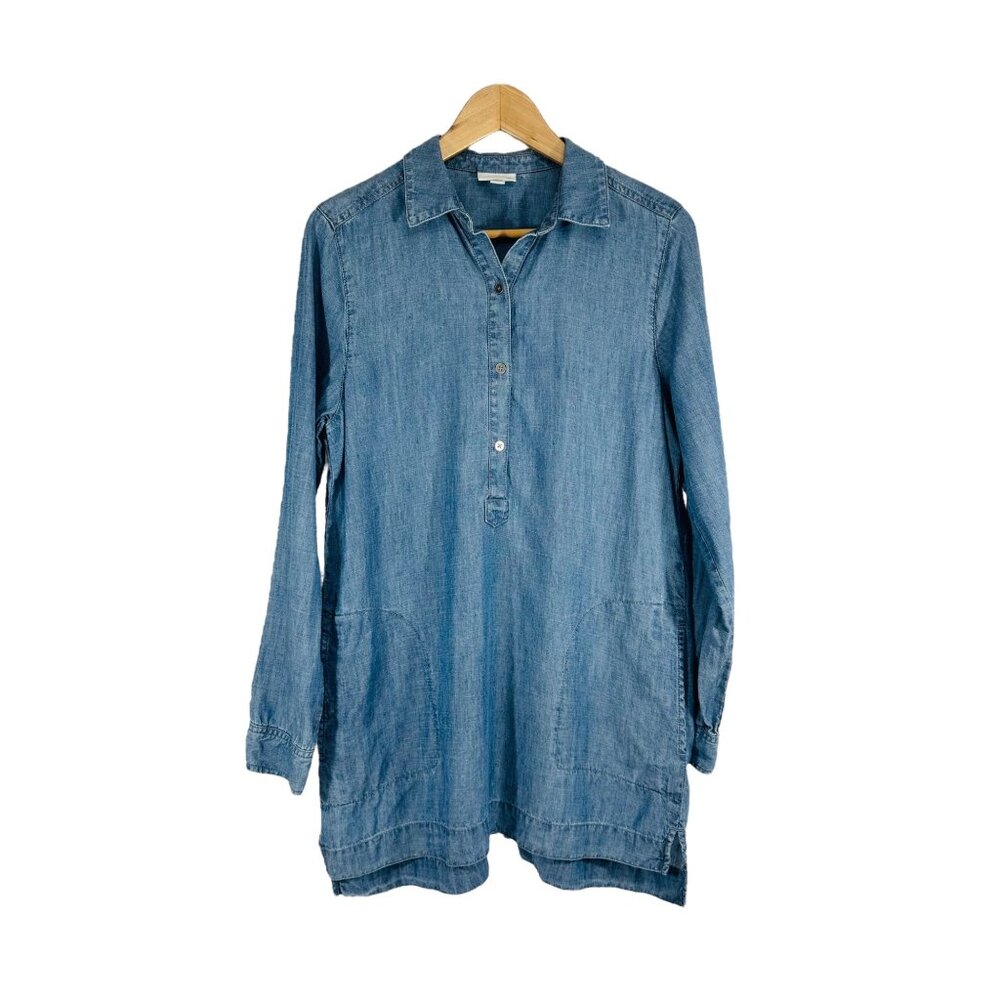 J Jill Womens Denim Dress Small Long Sleeve Button Front Pockets Blue Cotton